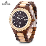 BEWELL Hot Sell Men Wood Watch Waterproof Quartz Watches Wooden Band Calendar Luxury Male Dress Watch relogio masculino